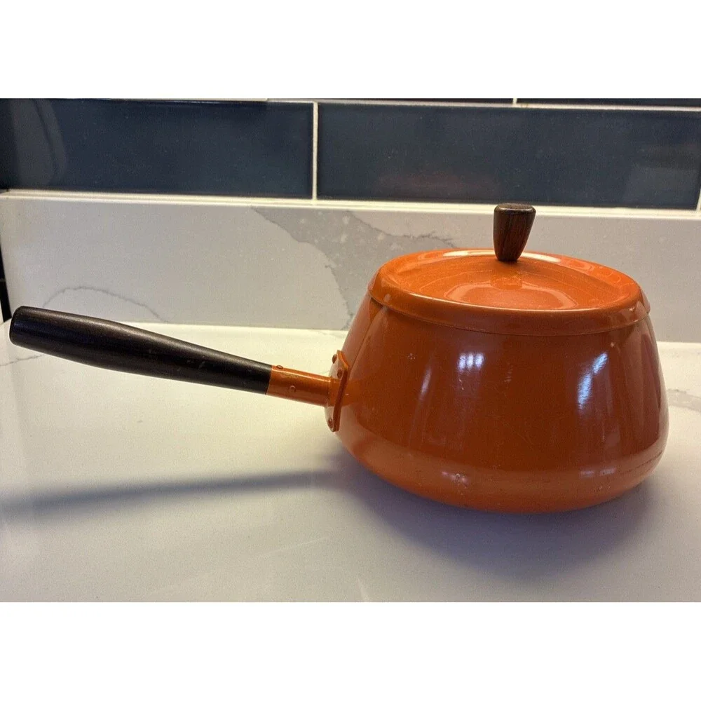 Vintage MCM Fondue Pot Orange Enamel Long Wood Handle and Lid Japan